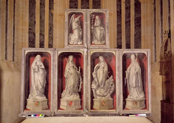 Ansicht der Tafeln des geschlossenen Altars, die Verkündigung und Heilige darstellend, 1460-66